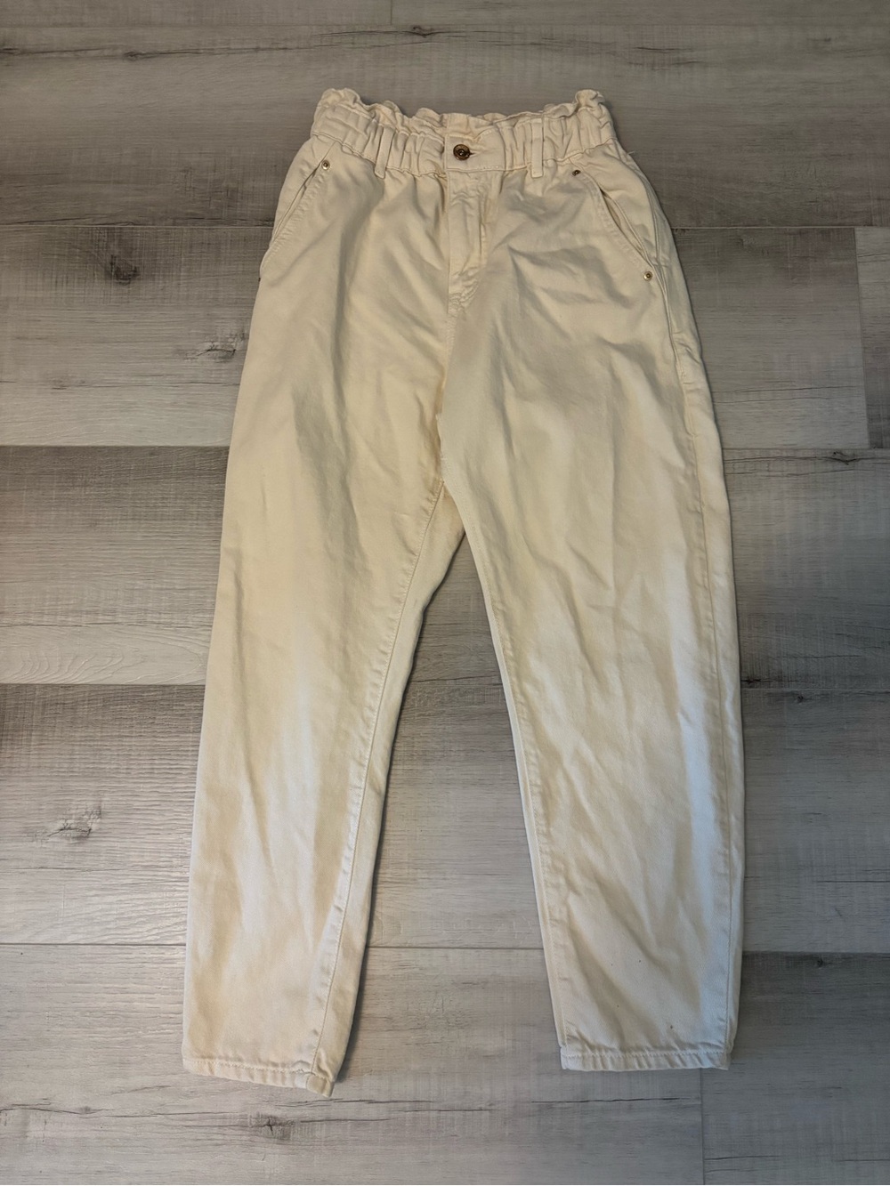 ZARA Paperbag Waist Pants Cream Ivory High Rise Tapered Ankle Womens US 2